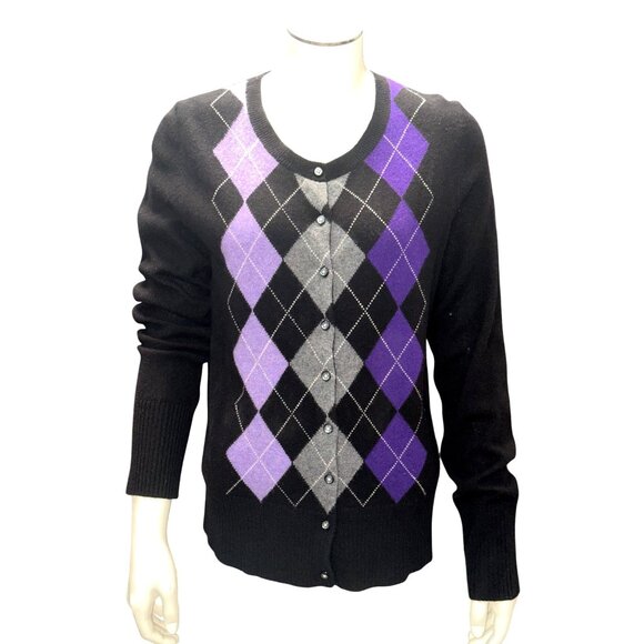 Apt 9 Medium Cashmere Argyle Sweater Purple Gray Black Knit Button Cardigan NWT - Picture 2 of 13